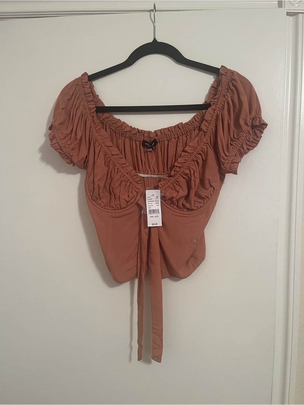 Kendall & Kylie Rust Tie-Front Ruched Puff Sleeve Crop Top